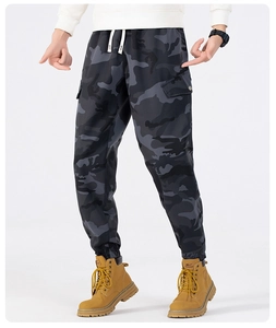 Detail of men's camouflage cargo pants showing deep grey pattern and utility side pockets