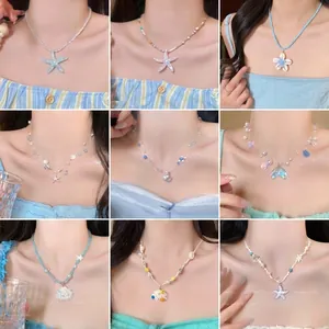 Starfish Shell Pendant Necklace Resin Seed Bead Handmade Seaside Vacation Summer Boho Choker Jewelry For Women