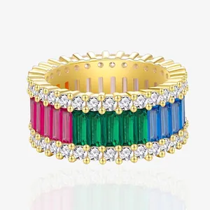 925 Sterling Silver Rainbow Colorful Zirconia Wide Pave Row Ring For Women Electroplated Gold Silver Fashion Jewelry
