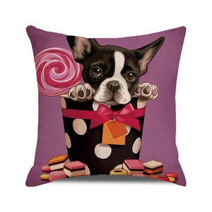 Detail of Halloween pillowcase featuring a cute French bulldog puppy in a purple gift box