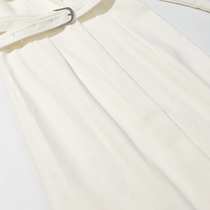Elegant white wool coat with waist belt and silver metal buckle details