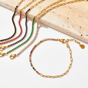 Gold stainless steel paperclip bracelet with colorful zircon tennis chain for women