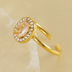 Adjustable 18K gold-plated oval pink zircon ring with white rhinestone pavé for women