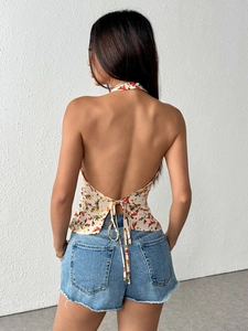 Floral halter neck backless top with red print and self-tie back detail for women