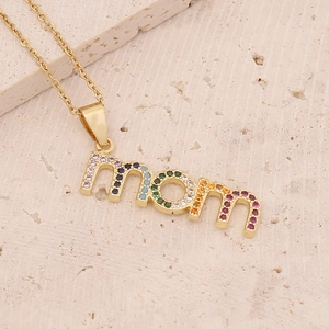 18K gold plated Mom letter pendant necklace with colorful cubic zirconia on beige stone