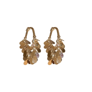 Elegant gold metallic sequin tassel drop earrings with multi-layered teardrop pendants
