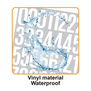 Detail showing waterproof vinyl number stickers with clear water splashes on grey background