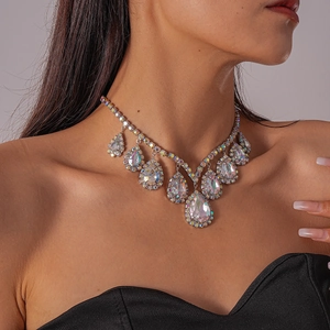 Close-up of luxury water-drop crystal pendant necklace with sparkling rhinestones
