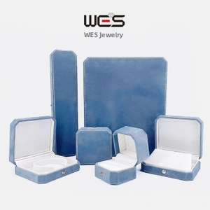 Dark blue premium leather jewelry display set with necklace, ring, and bracelet boxes