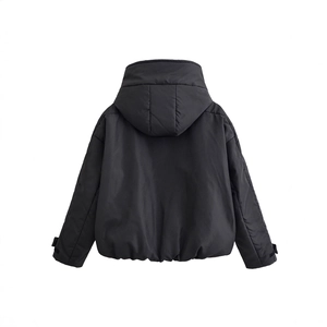 Women's black tactical hooded puffer jacket shown from the back in a minimalist layout