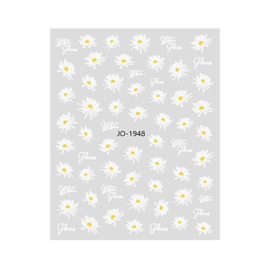 Thin gradient white daisy nail art stickers with yellow centers and text JO-1948