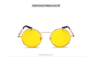 Front view of steampunk round sunglasses with gold metal frame and yellow lenses