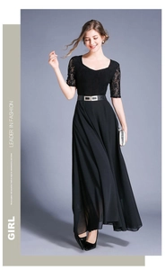 Close-up of black lace short sleeves and belted waist on a chiffon maxi dress
