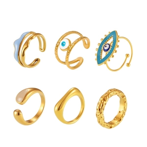 Set of 18K gold plated stainless steel rings with blue enamel and evil eye designs