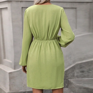Detail of light green dress with elastic waist pleats and lantern sleeves from back view