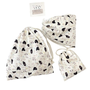 Three-piece set of cartoon cat and dog drawstring storage bags in various sizes