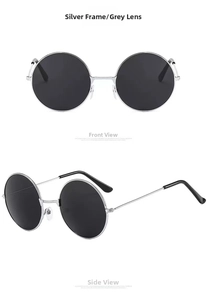 Front and side views of vintage round metal sunglasses with silver frame and gray lenses
