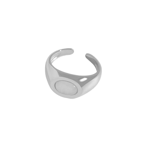 Minimalist silver open ring featuring a large oval white cubic zirconia stone centerpiece