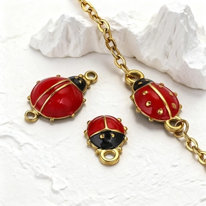 Polished stainless steel ladybug charms with red enamel for DIY jewelry making