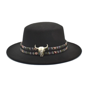 Flat Top Fedora Hat Wool Felt With Ethnic Woven Band And Metal Bull Head Western Cowboy Style Vintage Jazz Hat For Women