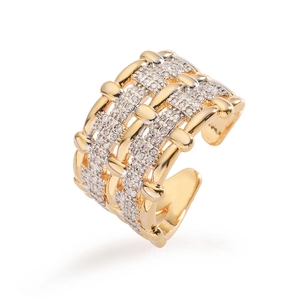 Minimalist gold two-tone geometric open ring with shimmering zircon rows and woven design