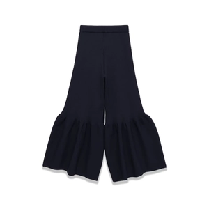 Navy blue knit high-waisted flared pants with ruffle hem and vertical ribbed texture