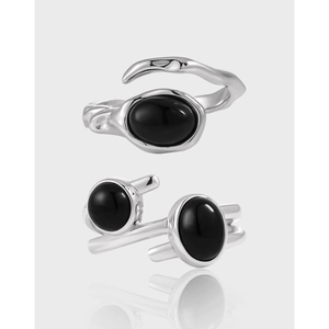 Irregular Cross Open Ring 925 Sterling Silver Black Agate Inlaid Adjustable Punk Cool Style Jewelry For Women