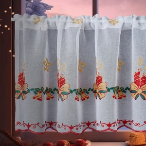 Christmas sheer cafe curtain with festive embroidery and red scalloped lace trim