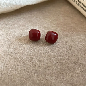 Vintage style square enamel stud earrings in deep dark red with a smooth glossy finish