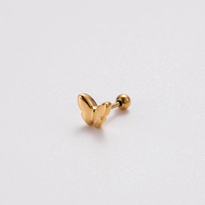 Detailed view of a gold-tone butterfly stud earring with a secure ball screw back