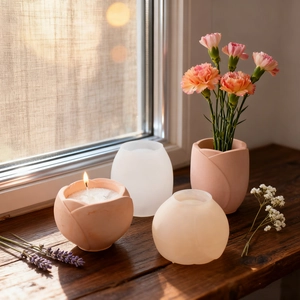 Macro shot of tulip-shaped resin molds and finished candle holders with petal textures