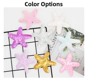 Close-up of sparkling sequin starfish hair clips in multiple pastel colors on a grid