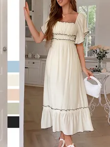 Robe Maxi Décontractée Pour Femmes Col Carré Manches À Volants Corsage Froncé Viscose Et Nylon Bordure Contrastée