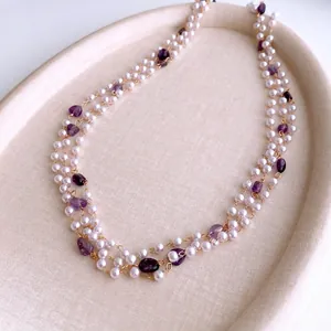 French Retro Long Beaded Necklace With White Faux Artificial Pearls And Purple Amethyst Stones Elegant Layered Sweater Chain For Women