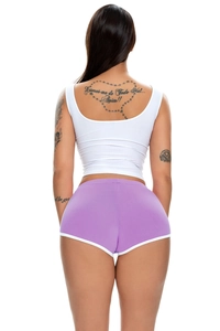 Detail view of purple elastic athletic shorts and white slim fit tank top on model
