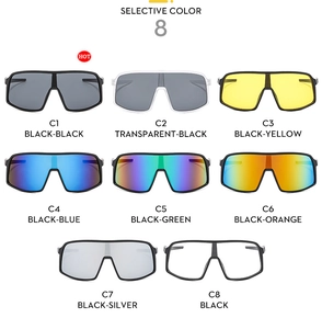 Detailed overview of oversized cycling sunglasses in eight different color combinations