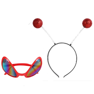 Alien party set with red glitter ball headband and rainbow lens sunglasses for costumes