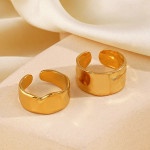 Stainless Steel Gold Plated Open Ring Hammered Textured Irregular Geometric Wide Band Adjustable Fashion Jewelry Women