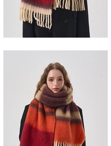Detail of soft fringe and colorful gradient plaid pattern on acrylic winter scarf
