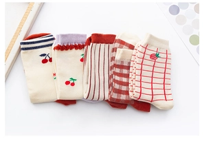 Detailed set of five cotton crew socks with cherry embroidery and striped patterns