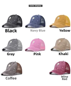 Detailed color display of vintage washed denim baseball caps with distressed embroidery
