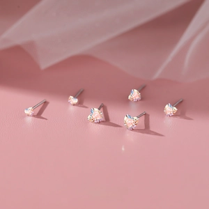 S999 Pure Silver Heart Stud Earrings For Women Aurora Zirconia Hypoallergenic Small Minimalist Jewelry Birthday Accessory Gift