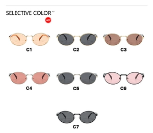 Selective color grid of retro oval sunglasses showing seven stylish frame and lens variants
