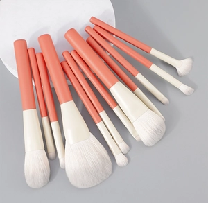 Flat lay of coral makeup brushes with white bristles and cream ferrules on grey background