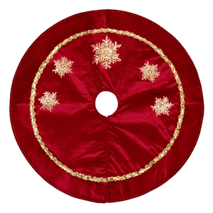Red velvet Christmas tree skirt with embroidered gold sequin snowflakes and trim