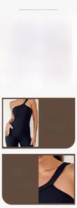 Detail view of reinforced single shoulder strap and seamless ribbed fabric on black bodysuit