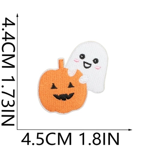 Detailed size view of Halloween ghost and pumpkin embroidered patches with measurements