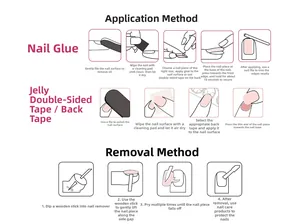 Detailed guide showing application and removal steps for pink cat-eye press-on nails