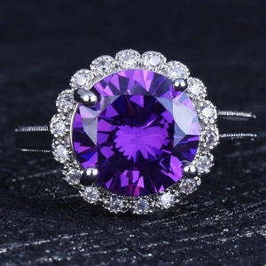 Round Purple Zirconia Ring Copper Milgrain Edge Adjustable Halo Design Elegant Jewelry For Women