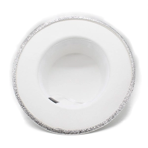 Detail view of white flat top hat interior with silver glitter lace brim decoration
